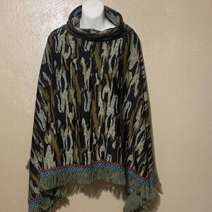 Fringed Animal Print Poncho in Black, Olive Teal & Cream